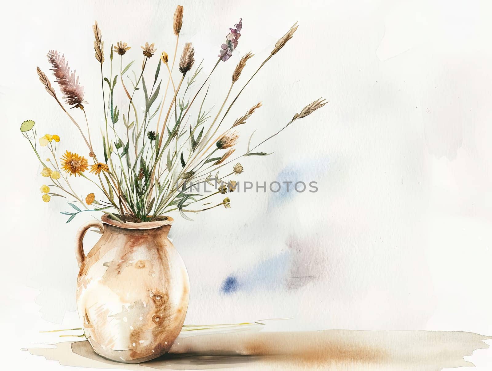 A rustic ceramic jug is artistically arranged with a variety of wildflowers and grasses, placed on a smooth wooden surface that enhances its natural beauty.