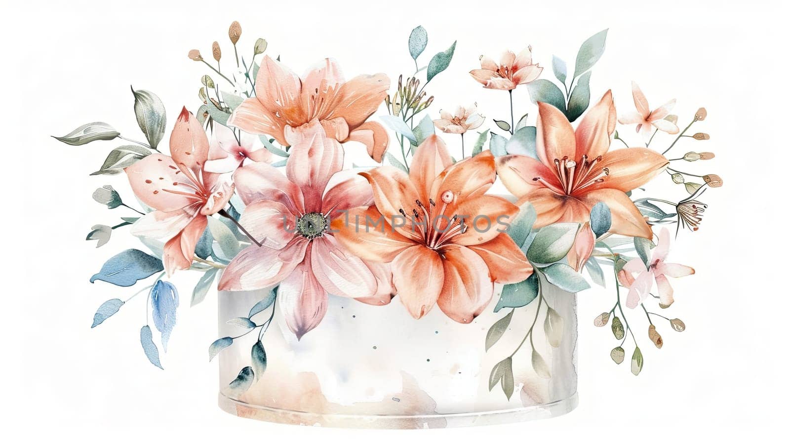 A stunning floral arrangement showcases vibrant pink and orange lilies, interspersed with delicate greenery and smaller blossoms, creating an elegant and harmonious look.