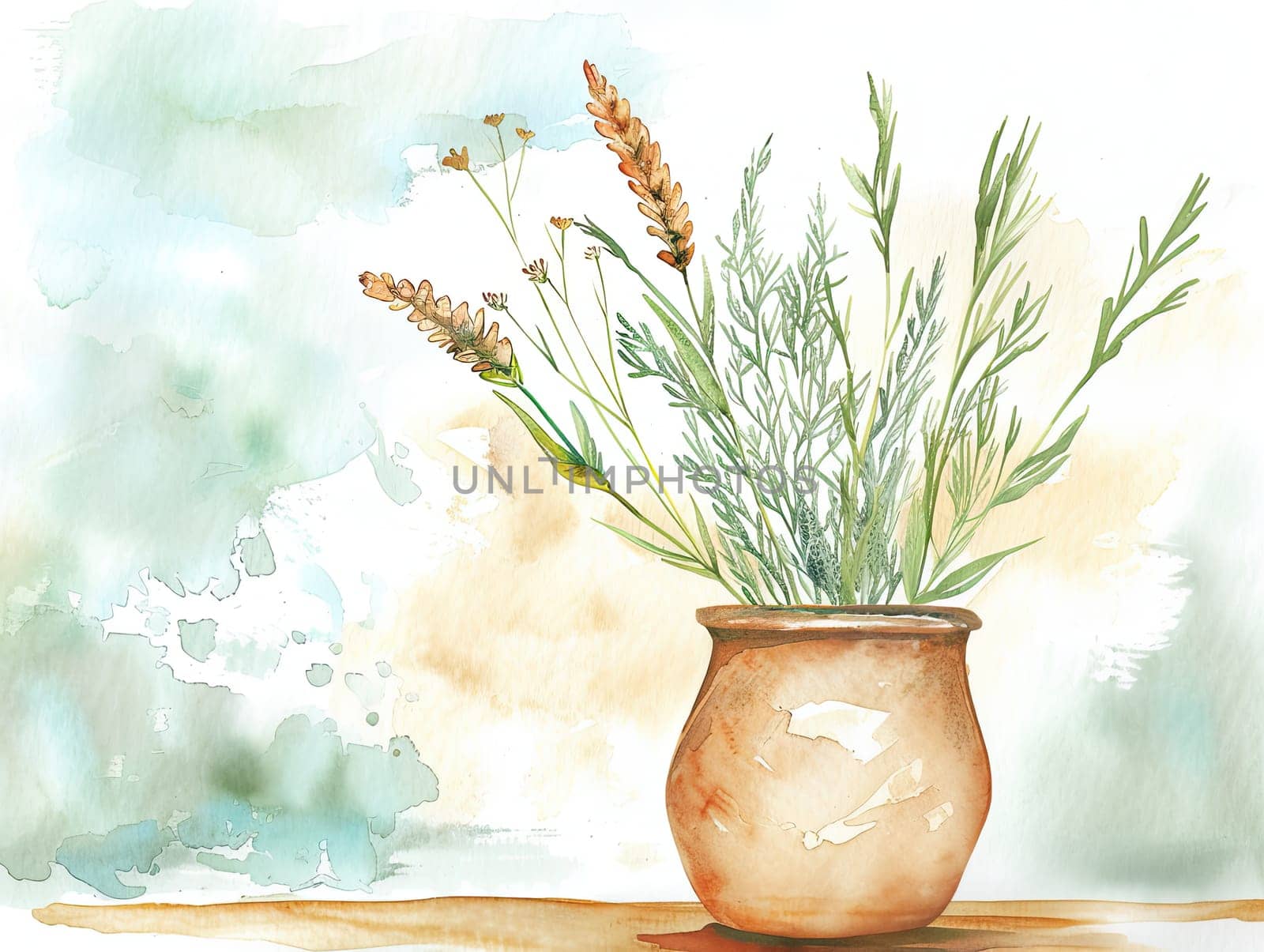 Delicate herbs in various shades are arranged in a simple pot, set against a gentle pastel watercolor backdrop, evoking a serene atmosphere.