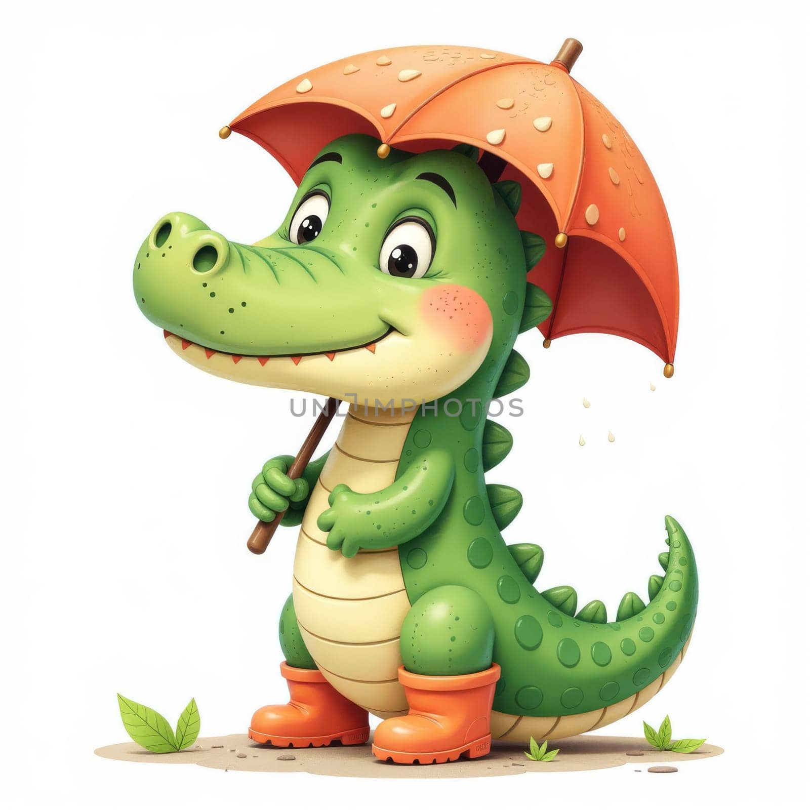 Cartoon crocodile with orange boots and orange umbrella