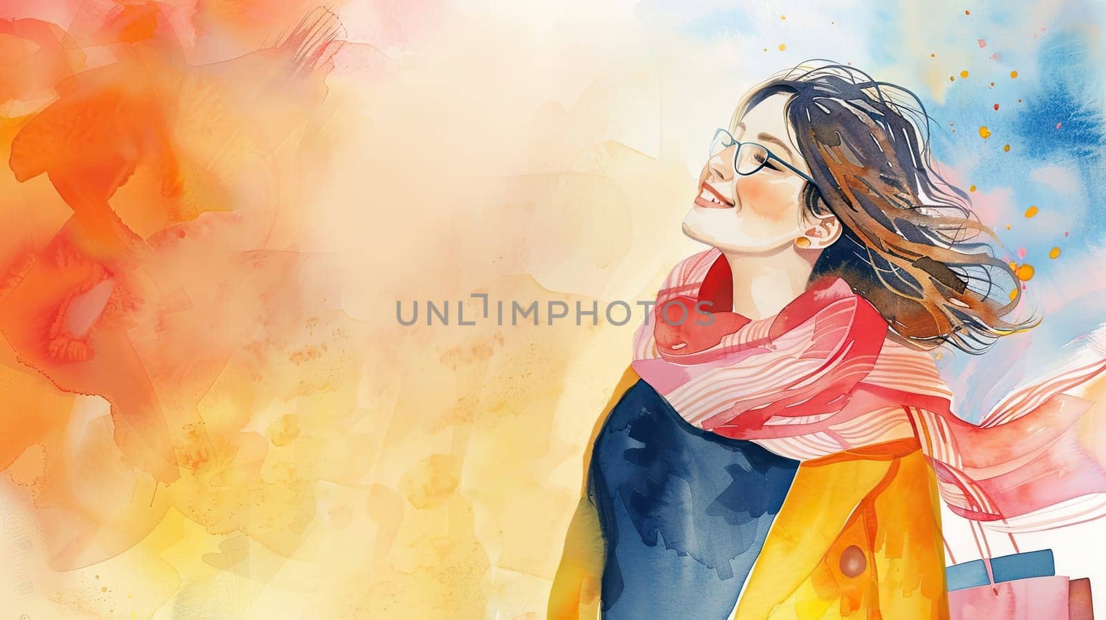 A cheerful young woman stands outdoors, basking in sunlight with vibrant colors around her, wearing glasses and a cozy scarf, embodying happiness and freedom.
