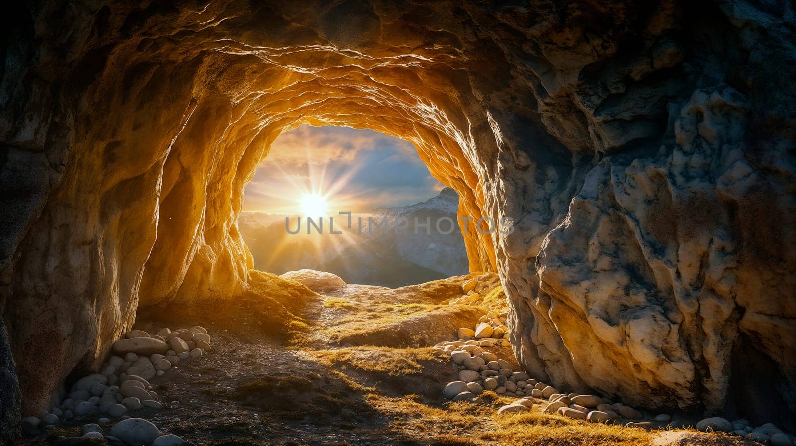 Golden sunlight pours into the cave, casting vibrant light on the rocky interior as the day begins in the tranquil mountain landscape - Generative AI