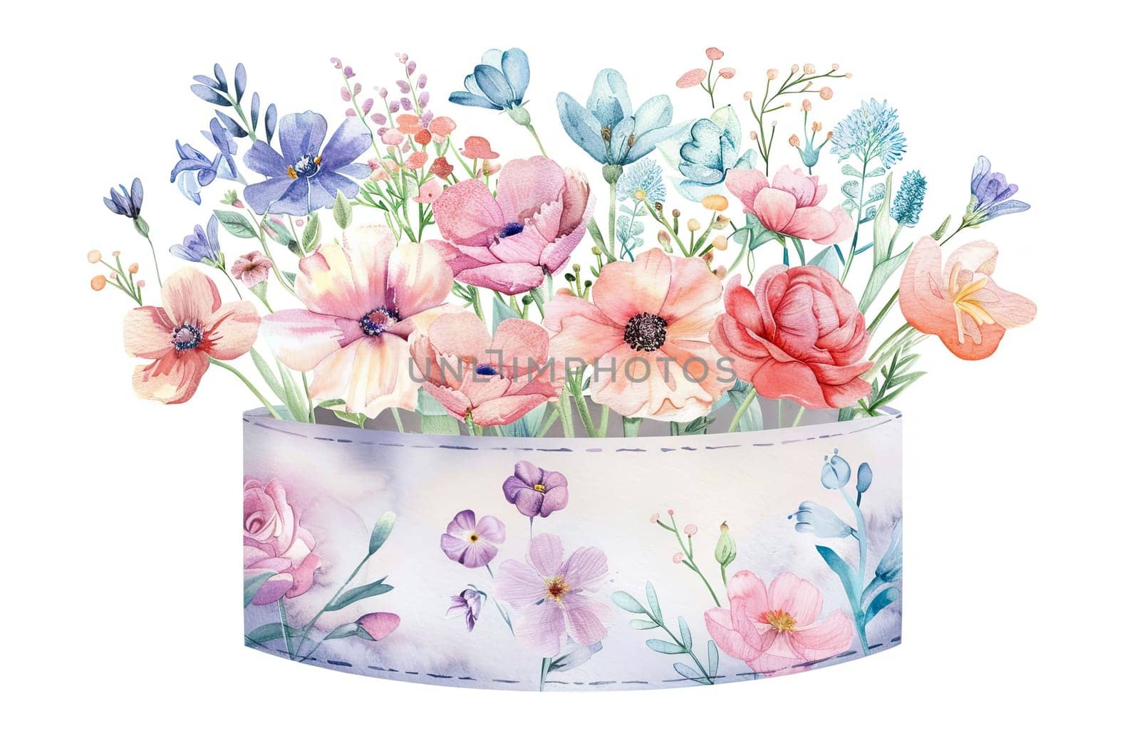 An array of delicate watercolor flowers in shades of pink, purple, and blue fills a charming container, creating a cheerful springtime display that brightens the atmosphere.