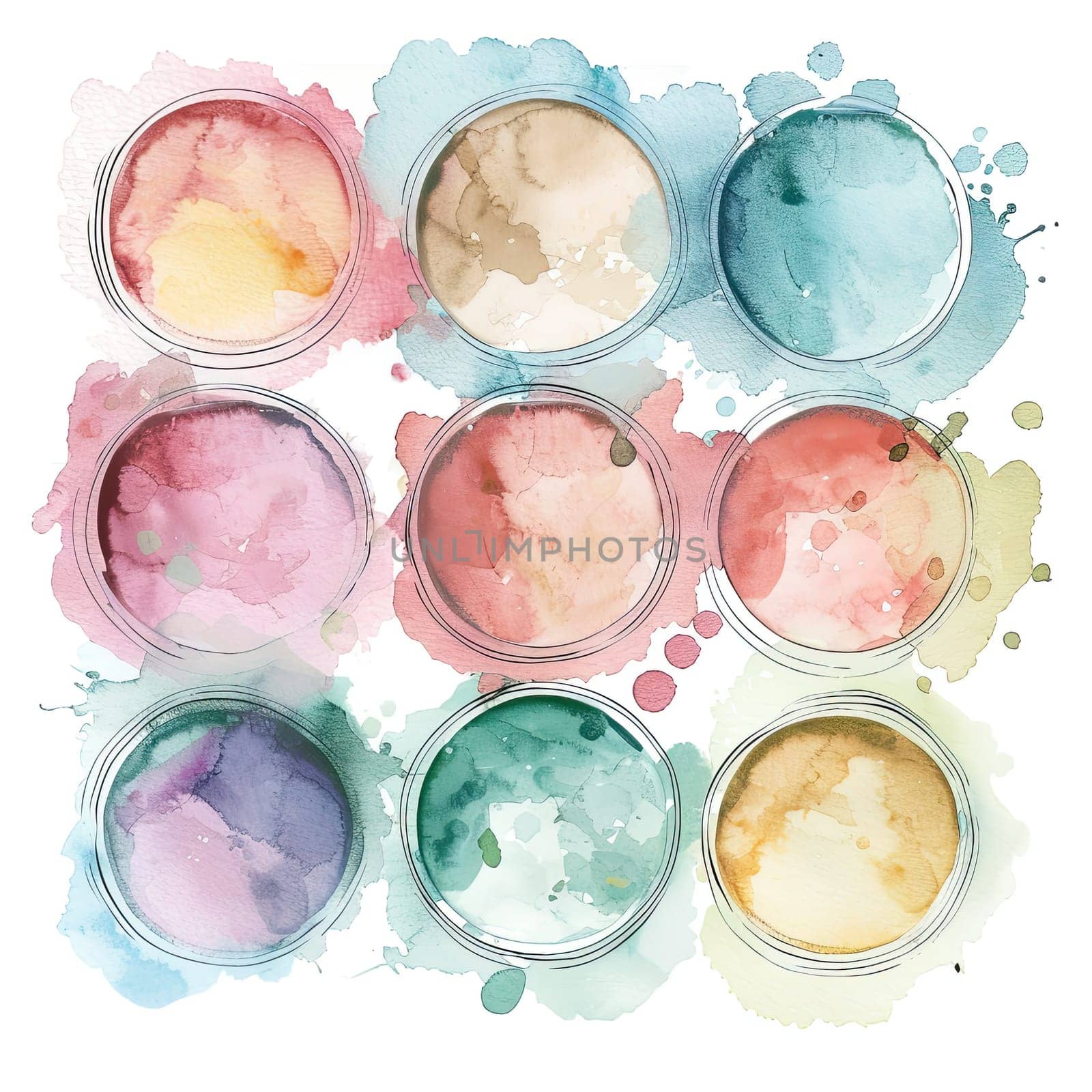A vibrant display of nine watercolor paint circles arranged in a grid, each showcasing unique shades blending together, ideal for artistic inspiration and creativity.