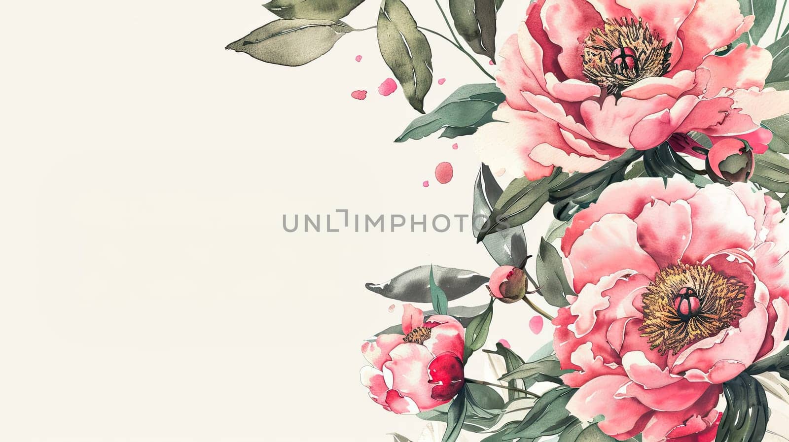 This artwork showcases delicate pink peonies with vibrant green leaves against a soft beige backdrop, emphasizing the beauty of nature’s design and elegance.