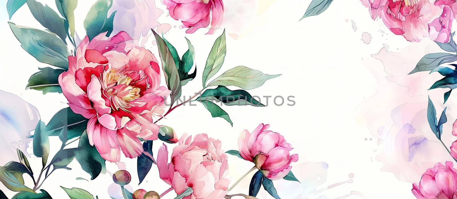 A beautiful arrangement of soft pink peonies features prominently with lush green leaves in a light, airy watercolor setting that evokes a sense of tranquility.