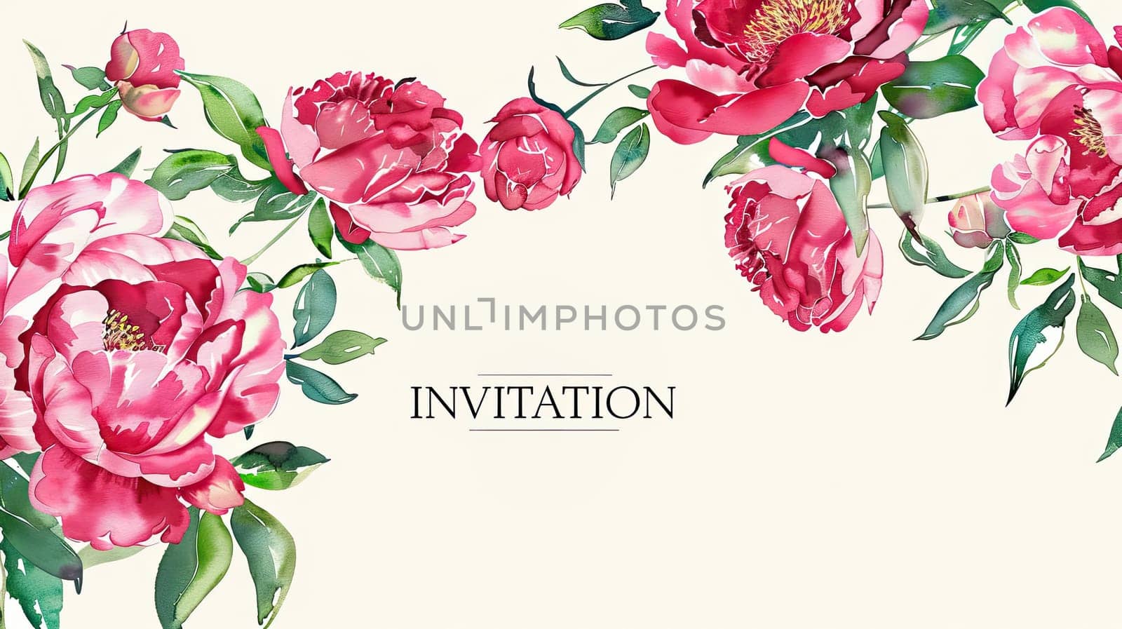 Delicate pink peonies are arranged with lush green leaves, creating a beautiful backdrop for a printed invitation, ideal for weddings or gatherings.