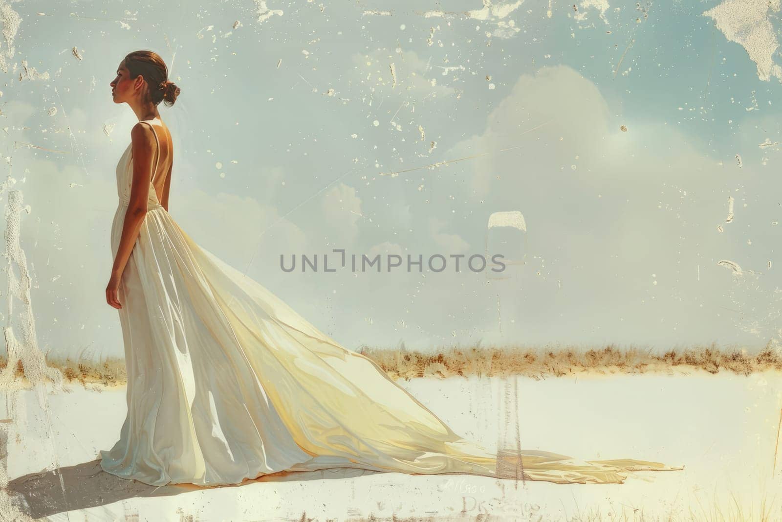 A graceful woman wears a long, ethereal white dress as she stands on a bright beach, gazing into the distance under a clear blue sky.