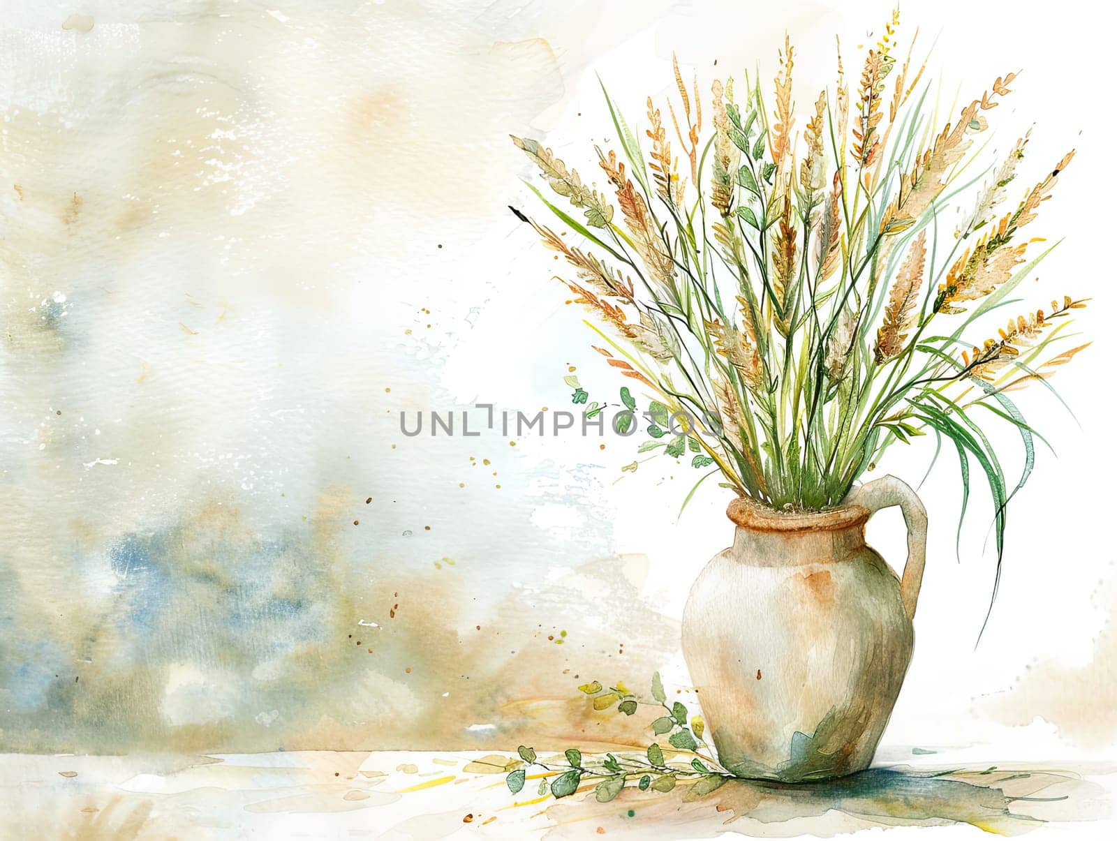 A rustic clay jug overflows with dried grasses and greenery, set against a softly textured background that enhances its natural beauty in a tranquil setting.