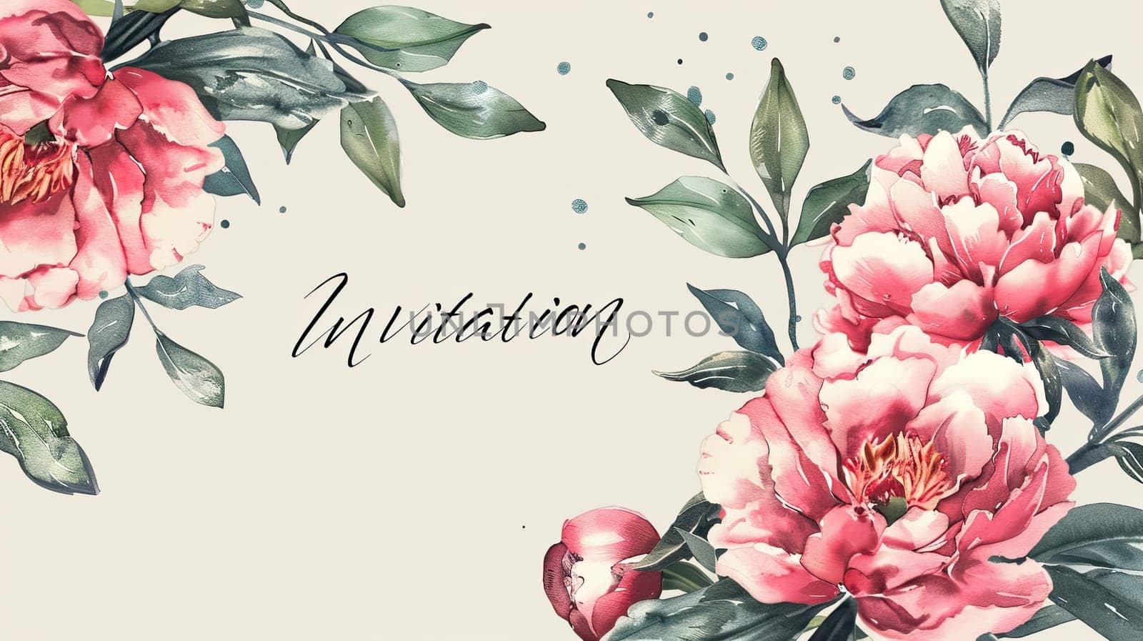 A beautifully crafted invitation showcases vibrant pink peonies surrounded by delicate green leaves against a soft background, perfect for special occasions.