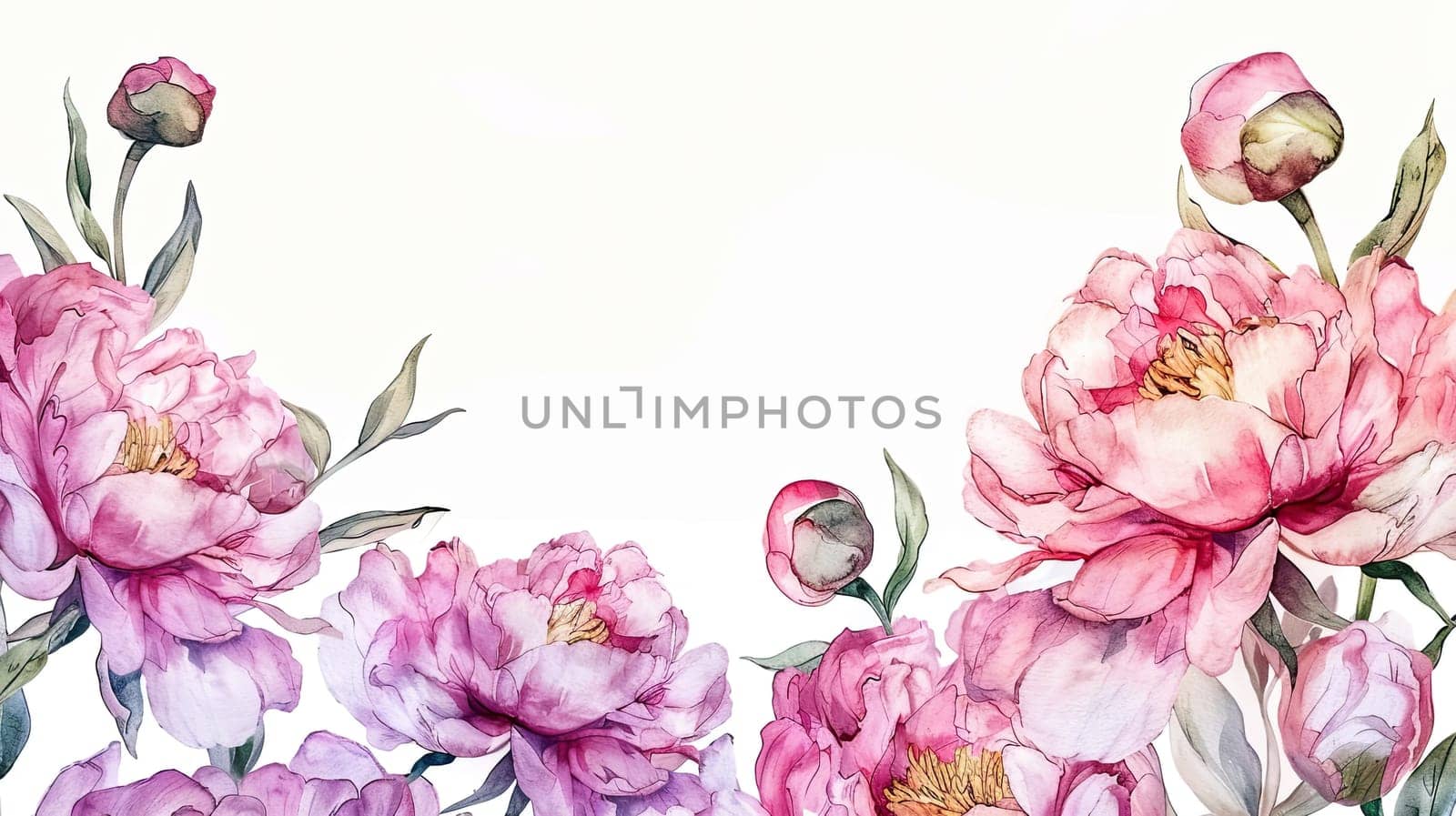 A serene illustration features vibrant peonies in shades of pink and purple, showcasing their lush petals and graceful buds against a light background.