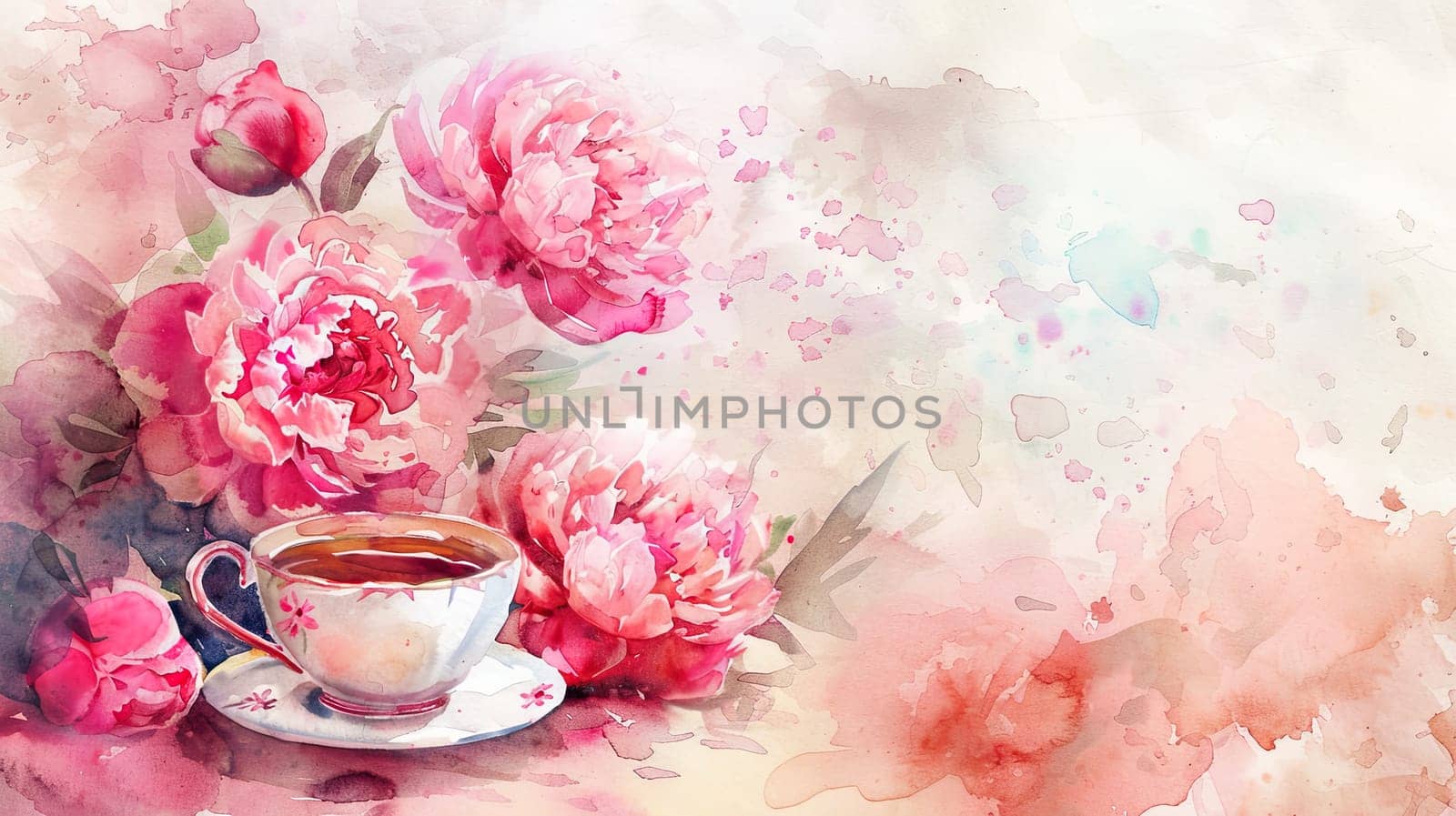 A beautifully painted arrangement showcases vibrant pink peonies beside an ornate cup of tea, all set against a gentle watercolor backdrop, evoking a serene springtime ambiance.