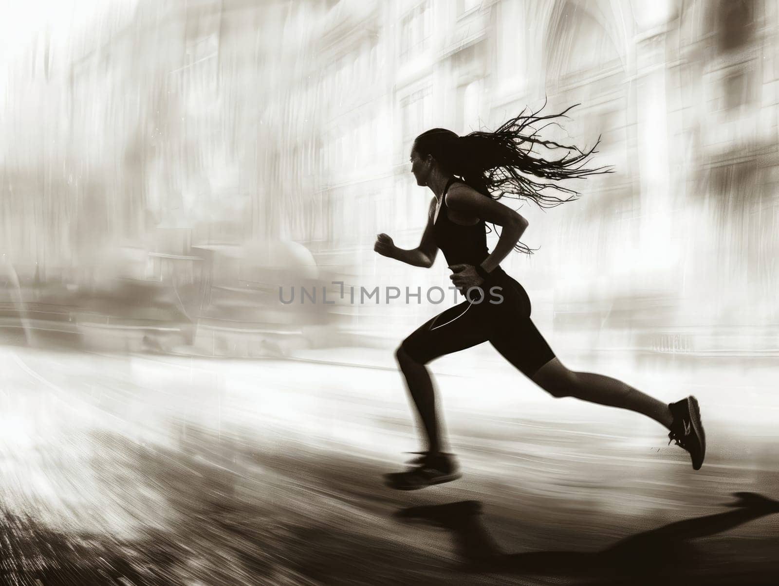 A determined woman runs swiftly along a city street during the early morning hours, with her long hair flowing behind her and historic buildings visible in the backdrop.