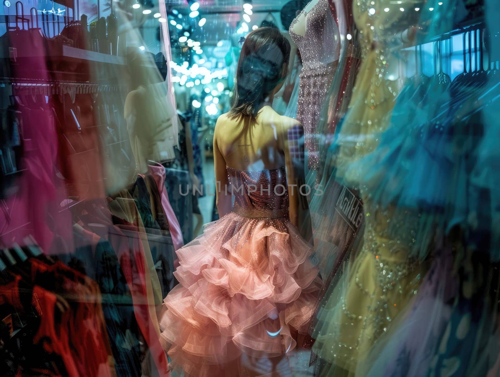 A young girl admires herself in a pastel pink dress while surrounded by a variety of colorful dresses in a bustling clothing store. The atmosphere is lively and bright.