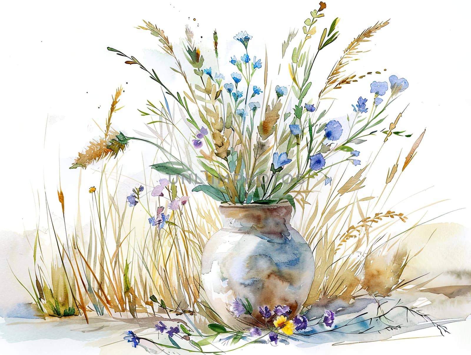 Wildflowers bloom vibrantly in a rustic pottery vase, surrounded by soft grasses in a tranquil natural environment during daylight.