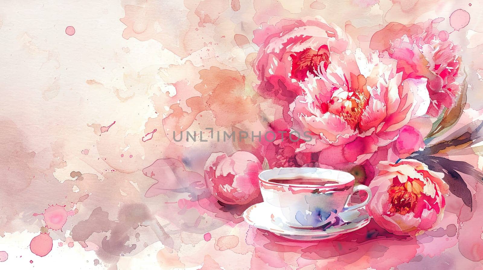A beautiful watercolor artwork features vibrant pink peonies alongside a delicate porcelain cup resting on a light, blended background. The composition evokes tranquility.