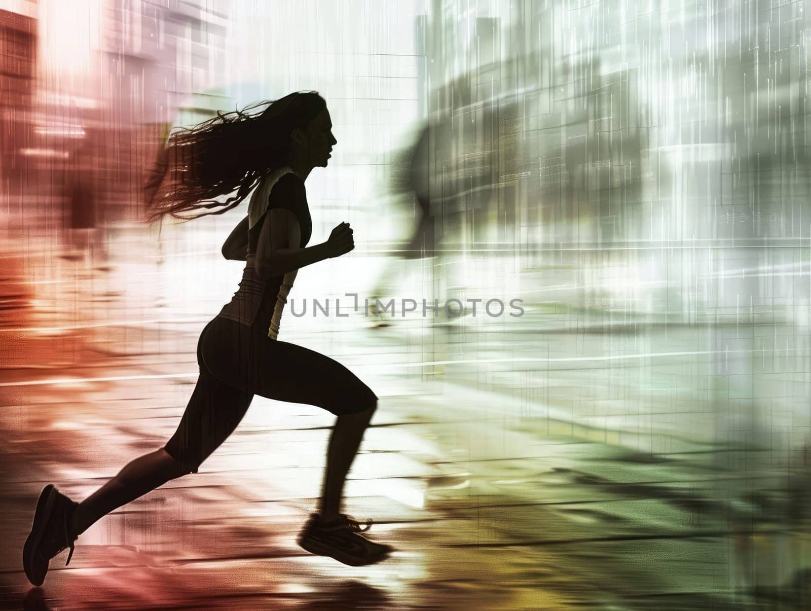 A determined woman sprints through a rain-soaked city street, her silhouette highlighted against the blurred urban backdrop, showcasing her dedication to fitness.