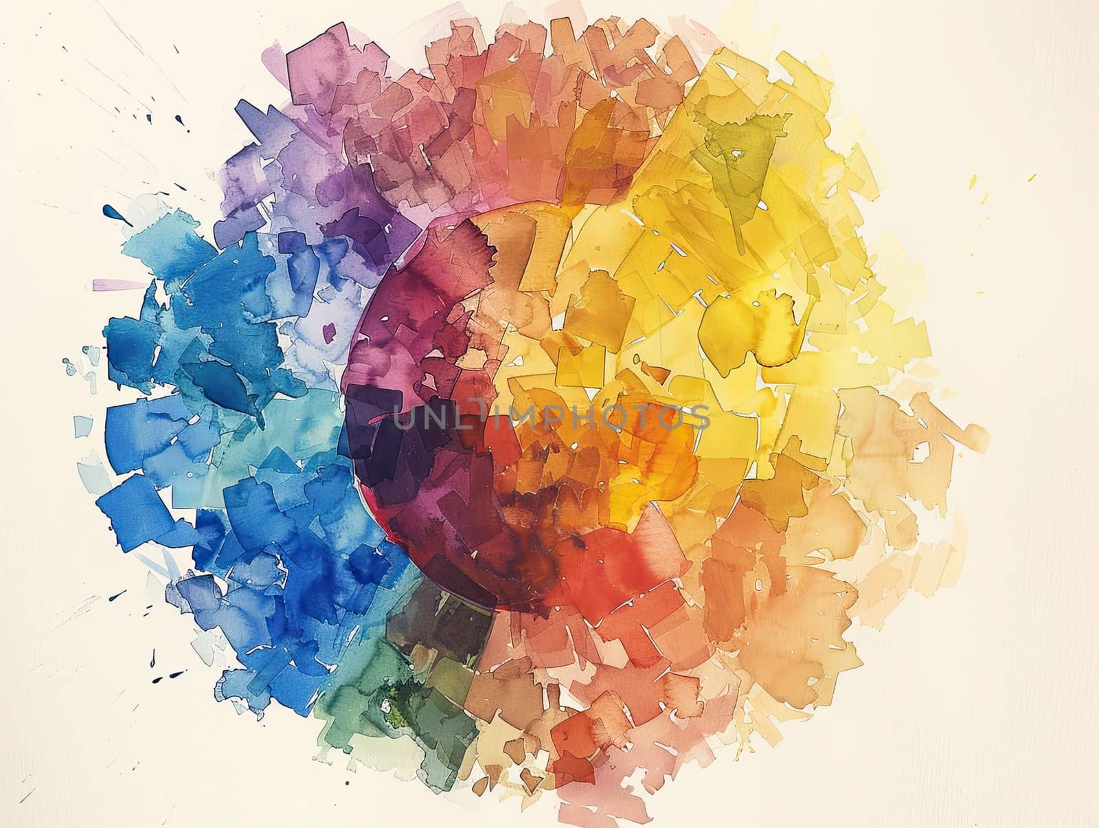 This abstract artwork features swirling layers of color radiating from a central circle, creating a lively, vibrant composition full of energy and movement.