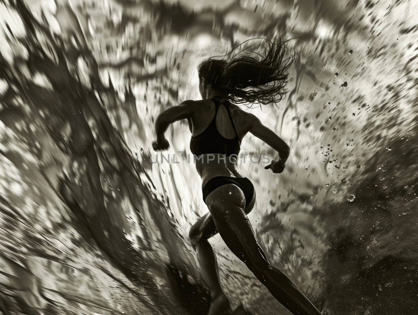 A woman sprints through crashing ocean waves, embodying both power and grace against a backdrop of a vibrant sunset sky, celebrating the thrill of the moment.
