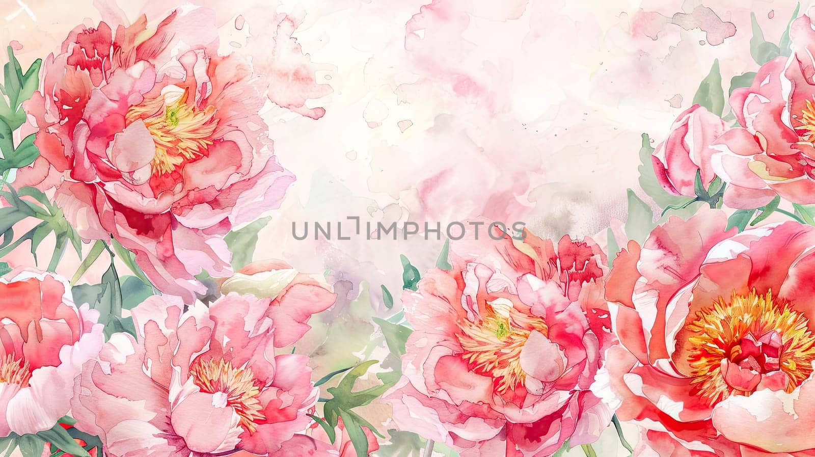 A cluster of pink peonies is depicted in stunning watercolor, showcasing their delicate petals and vibrant colors against a softly blended background.