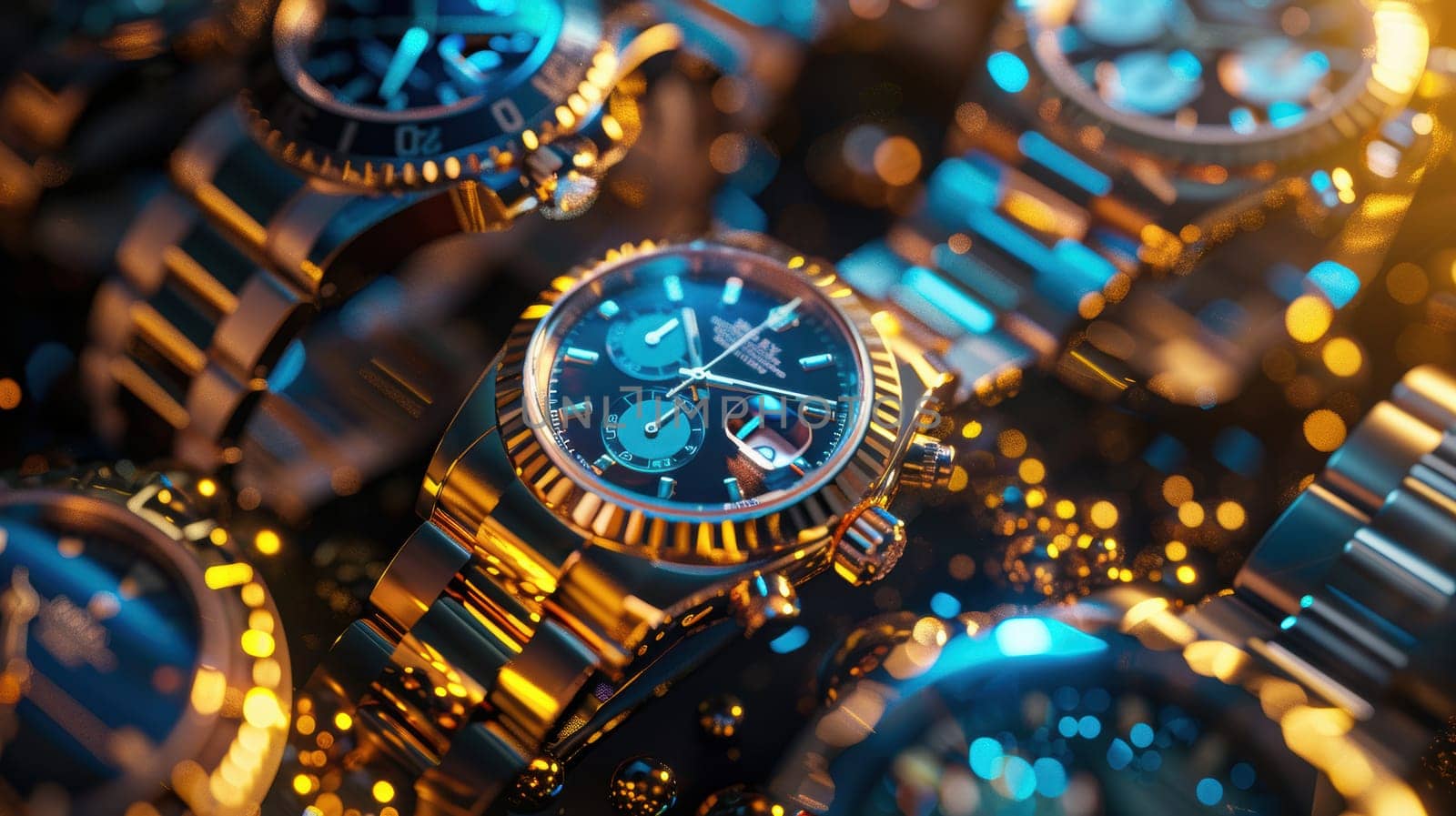 Showcase luxury wristwatches in an eye-catching cyber week poster under vibrant gold and blue lighting. ideal for premium retail campaigns, emphasizing the opulence and precision of high-end timepieces.