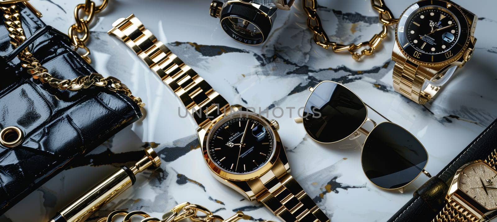A high-end cyber monday advertisement showcasing luxury designer watches, sunglasses, handbags, and jewelry arranged on a stylish marble backdrop with elegant gold and black detailing. perfect for upscale promotions.