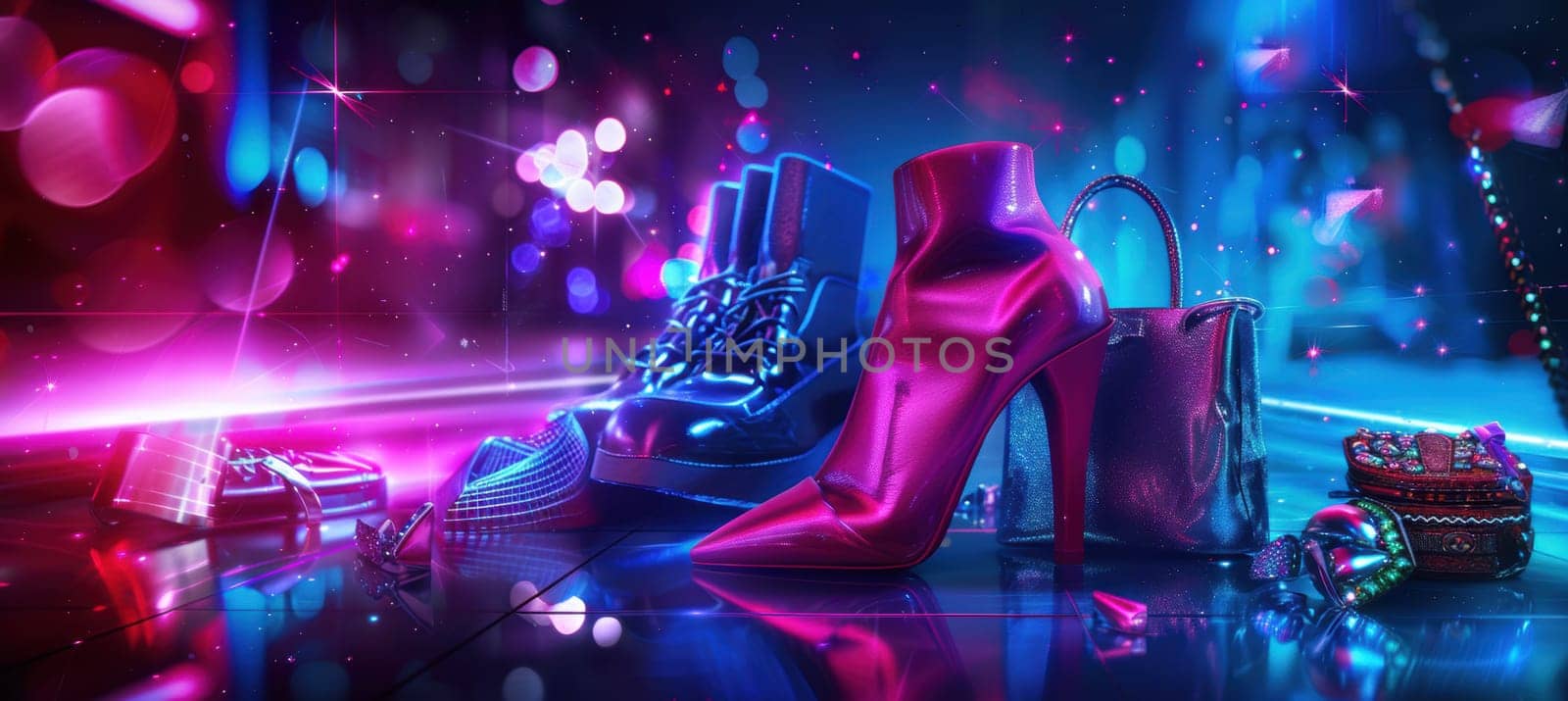 A futuristic cyber week banner featuring luxury fashion items such as designer shoes, handbags, and accessories. the setting includes a dark, glowing background with vibrant lights and ample space for text, adding a dynamic feel.