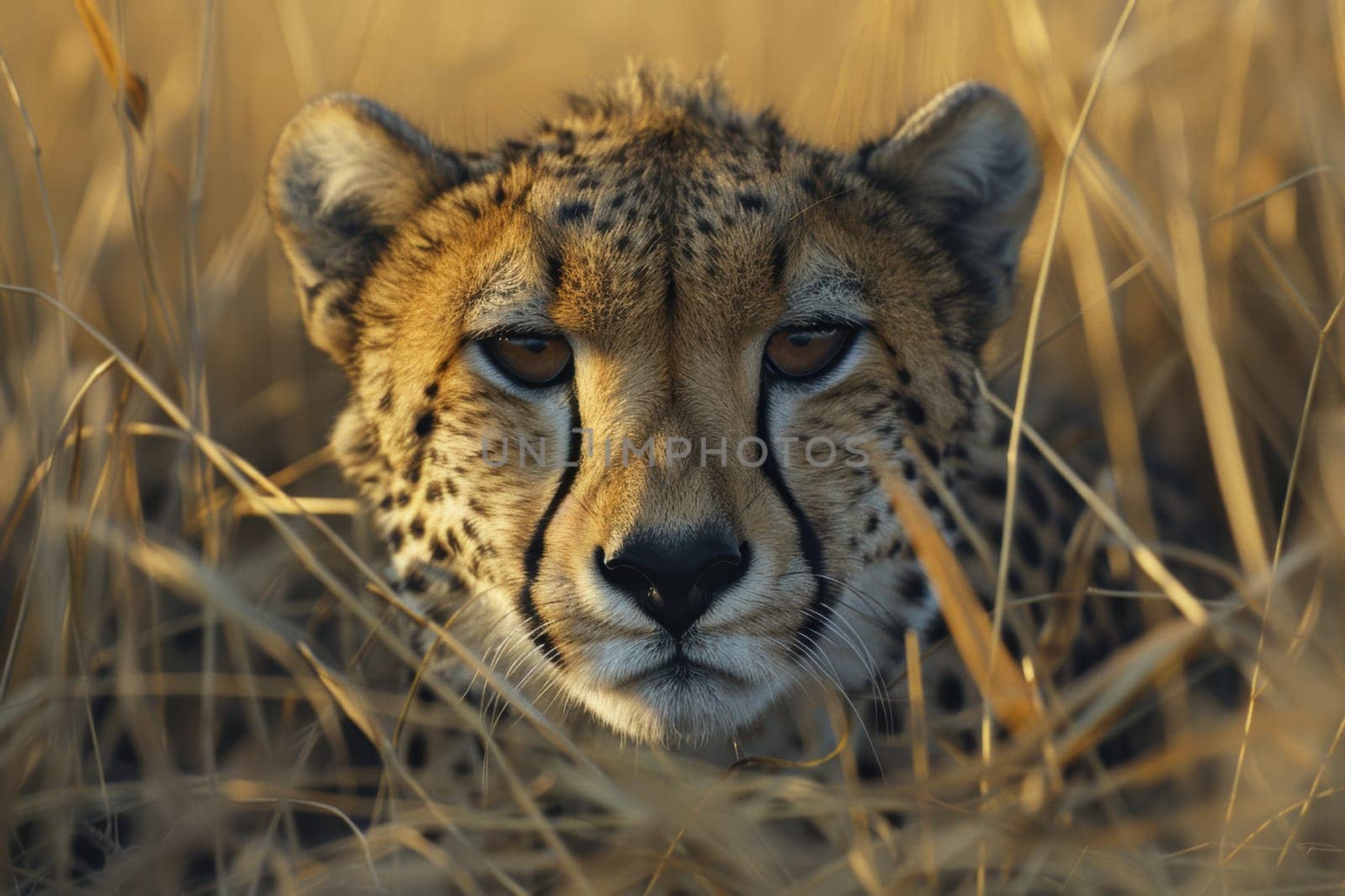 A high-definition close-up of a cheetah crouching low amid tall, golden grass on the savannah. the warm light highlights the cheetah's intense gaze and sharp spots, emphasizing its camouflage and stealth.
