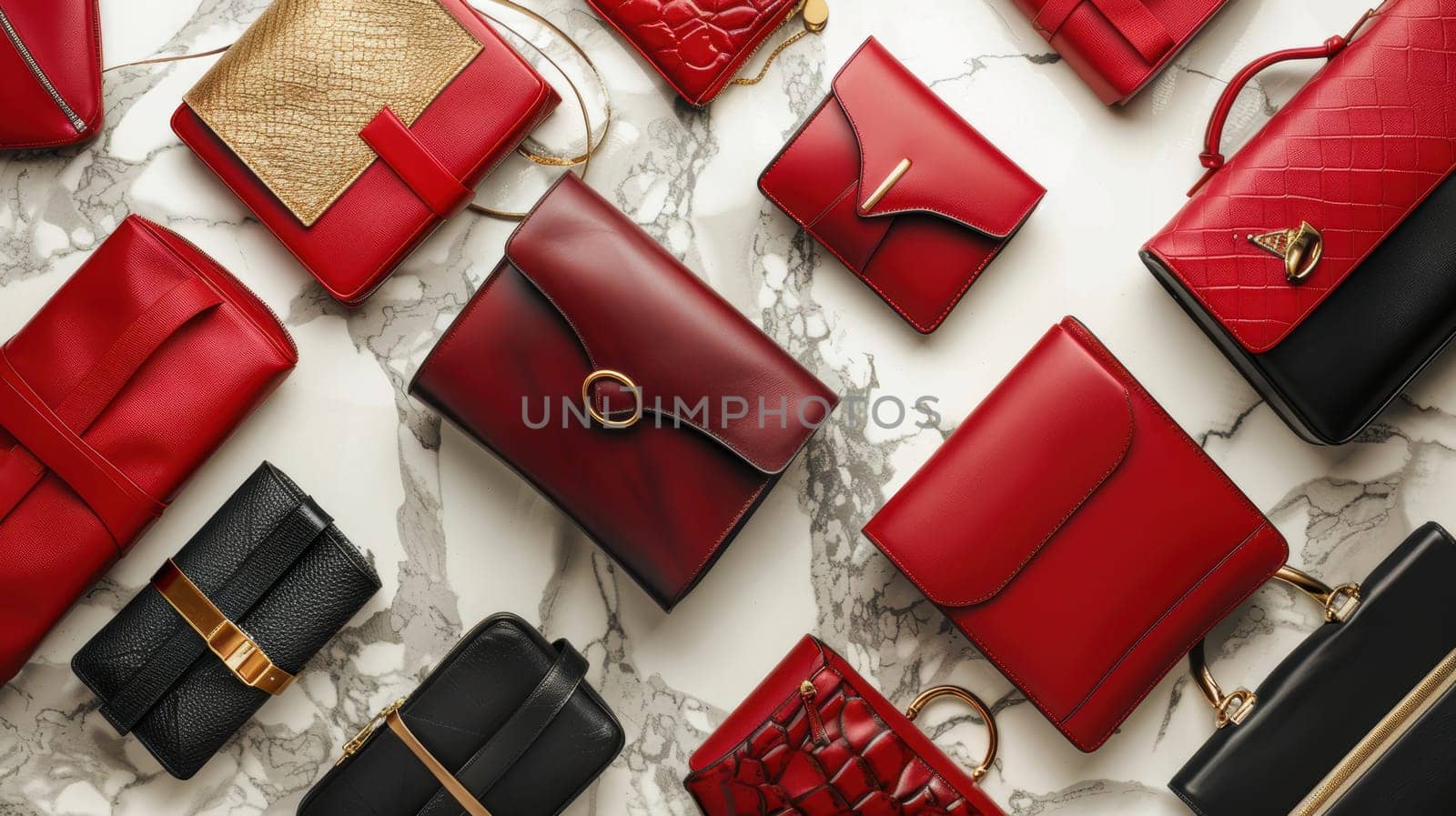 Luxurious designer handbags, clutches, and wallets showcased in a cyber monday promotional banner, arranged stylishly on a sleek marble background. vibrant red and elegant black leather bags with gold accents are featured, appealing to high-end fashion enthusiasts.
