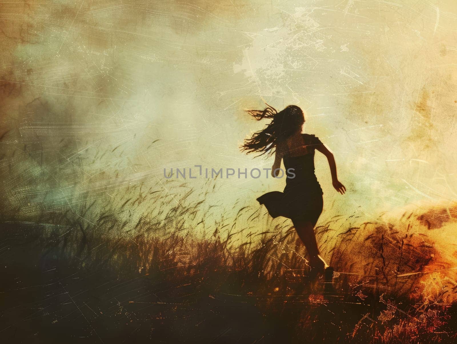 A young girl joyfully runs through a field of tall grass during sunset, enjoying the tranquility of her surroundings and the warmth of the fading light.