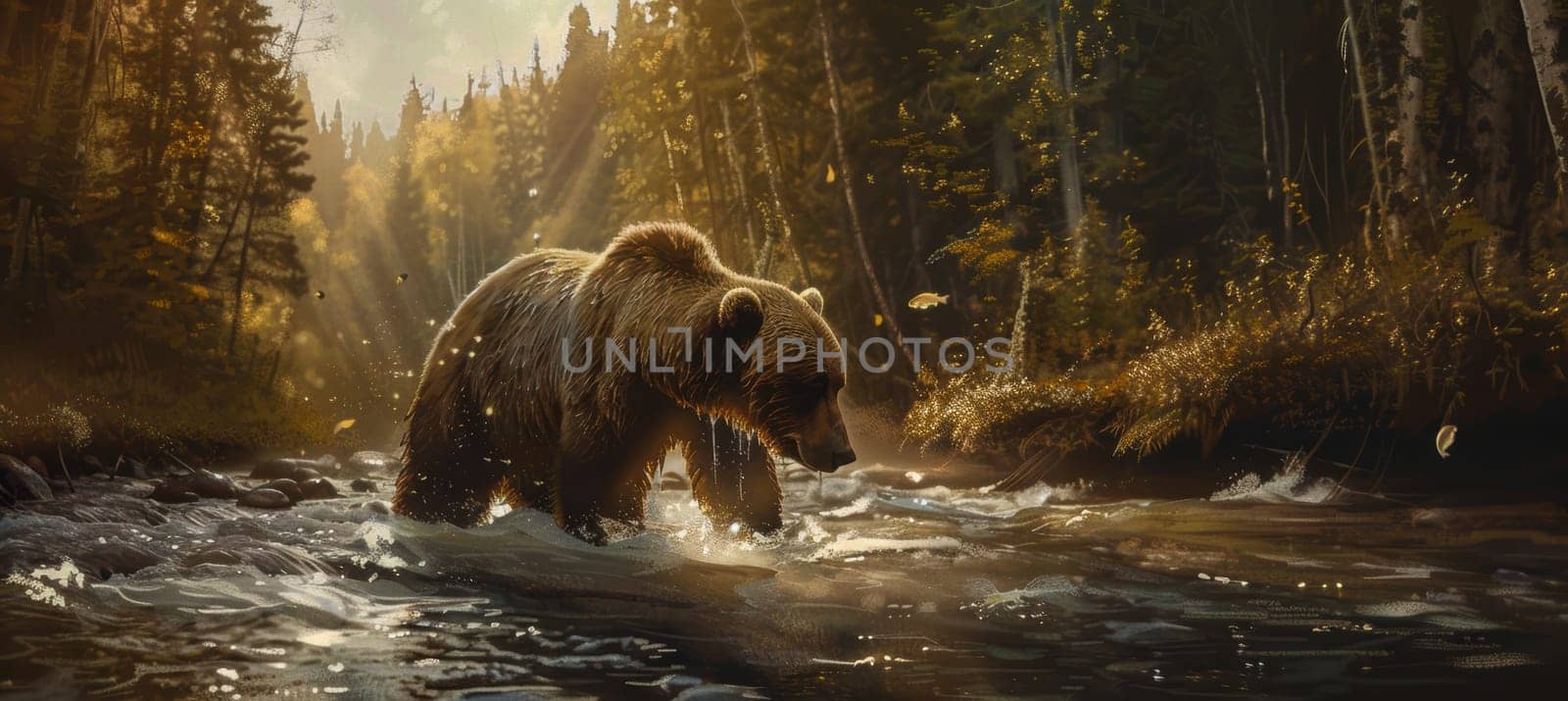 A majestic brown bear stands in the middle of a river, catching fish as the water rushes around its legs. the dense forest in the background shows sunlight filtering through the trees, the autumn foliage and serene natural setting.