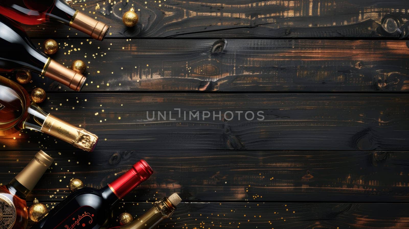 Luxurious cyber monday promotional banner featuring premium bottles of wine, whiskey, and champagne. the arrangement includes gold accents on a rustic wooden background, ideal for holiday marketing, posters, or event invitations.