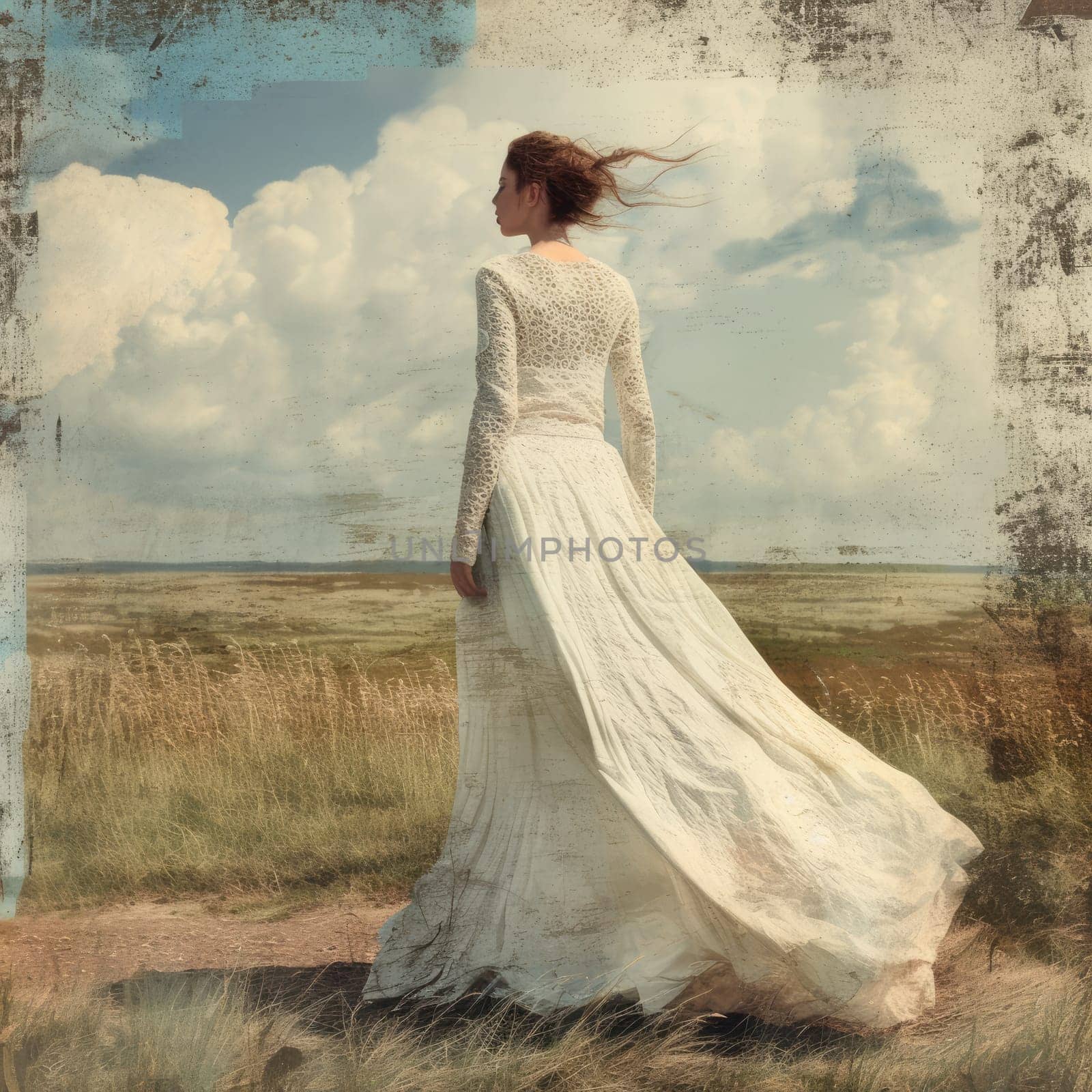 A woman is walking through a serene grassy field, her long white dress billowing in the wind, with fluffy clouds adorning the blue sky overhead during a breezy afternoon.
