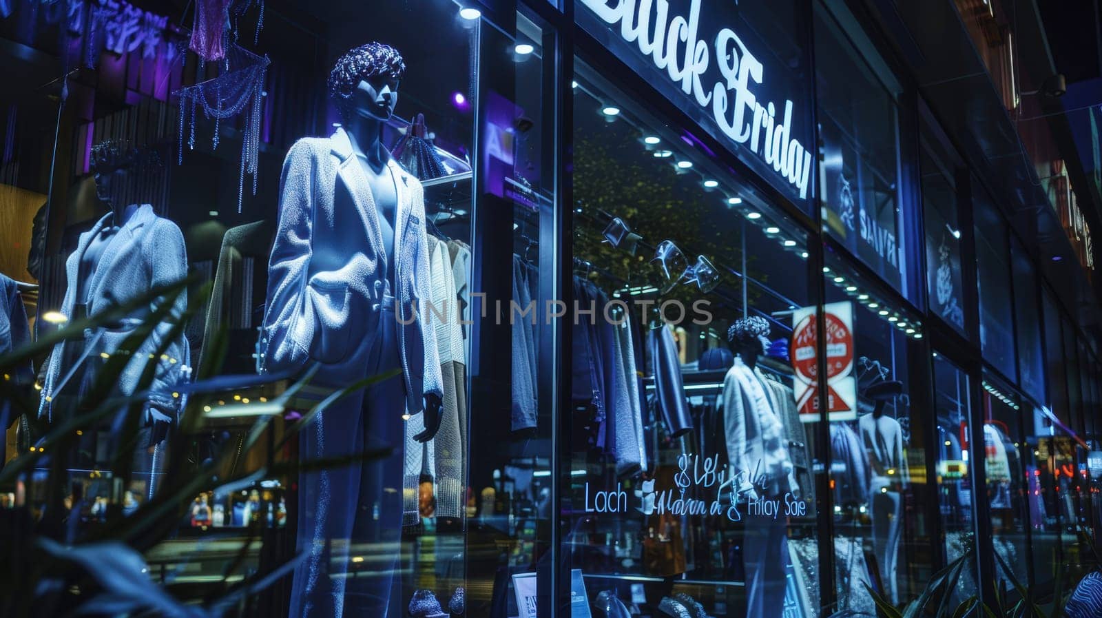 A sophisticated fashion boutique illuminated at night, showcasing stylish mannequins in the window dressed in contemporary garments. bold black friday sale signs draw customers' attention, with dramatic lighting enhancing the display.