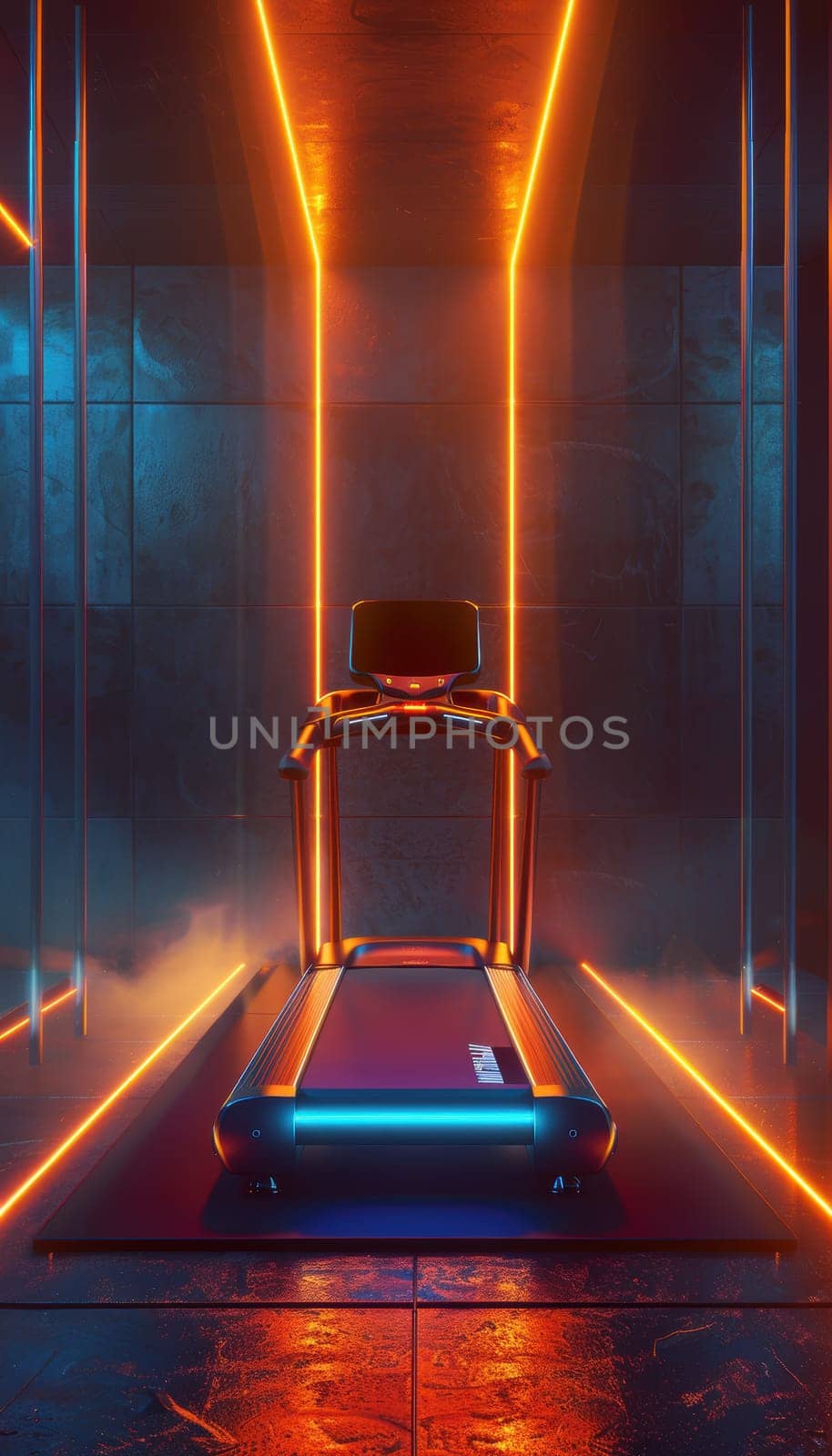 A modern treadmill illuminated by striking neon lights in a sleek, futuristic gym setting. ideal for promoting fitness campaigns, gym memberships, and futuristic design aesthetics for advertisements and posters.