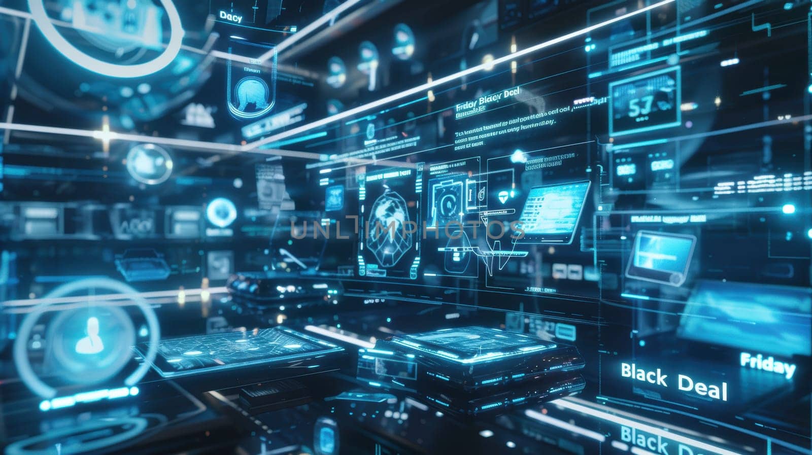 A dynamic futuristic scene showcasing a black friday advertisement with holographic images of the latest gadgets. sleek, high-tech devices float in a modern, digital space, emphasizing attractive black friday deals.