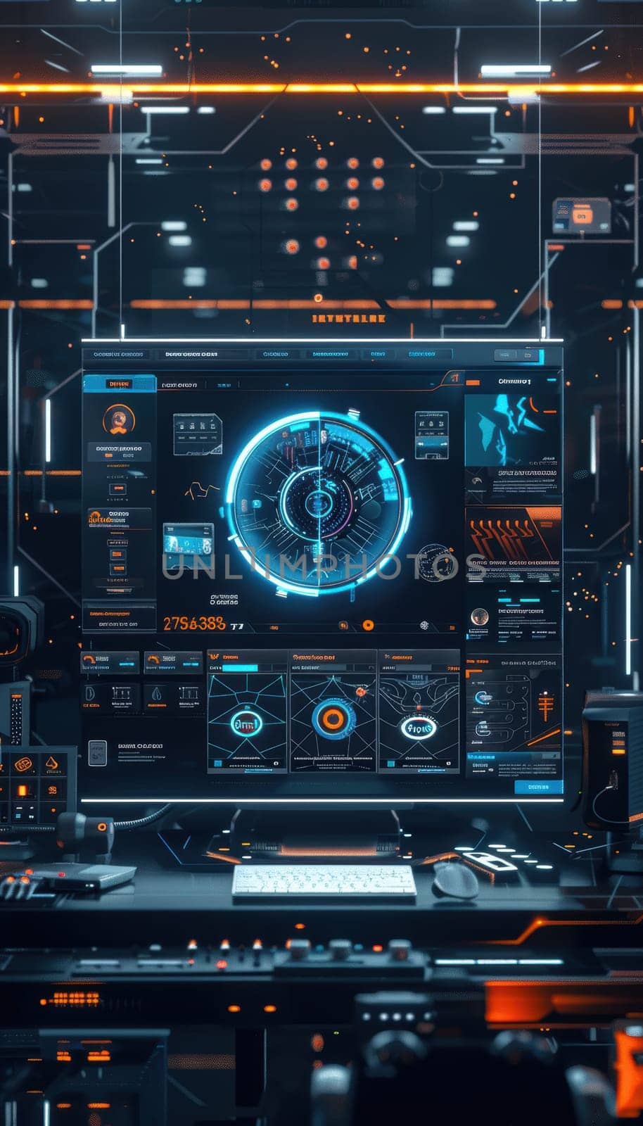 A high-tech shopping website interface showcases black friday deals on the latest tech gadgets. the sleek and modern user interface features rotating 3d product images, enhanced with blue and orange neon elements, creating a premium shopping experience.