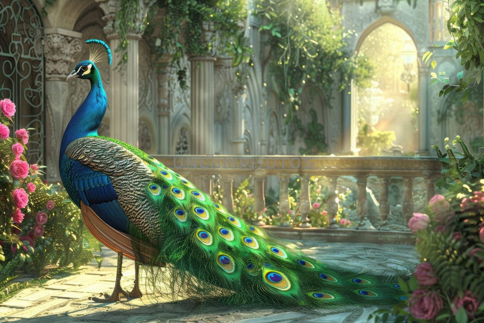 Majestic peacock with vibrant tail feathers displayed in a sunlit palace garden. the scene features lush greenery, stone arches, and ornate architecture, providing an elegant and serene ambiance ideal for décor or artistic inspiration.