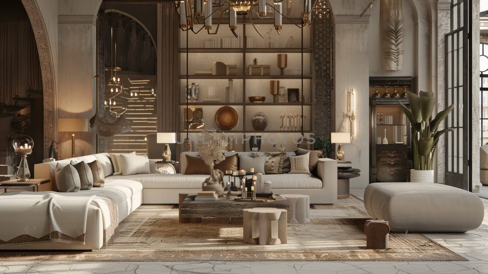 Elegant modern home decor featuring premium rugs, lamps, and decorative accents in a luxurious living room. the scene shows a spacious, well-lit room with a large sofa, stylish coffee table, and sophisticated lighting.