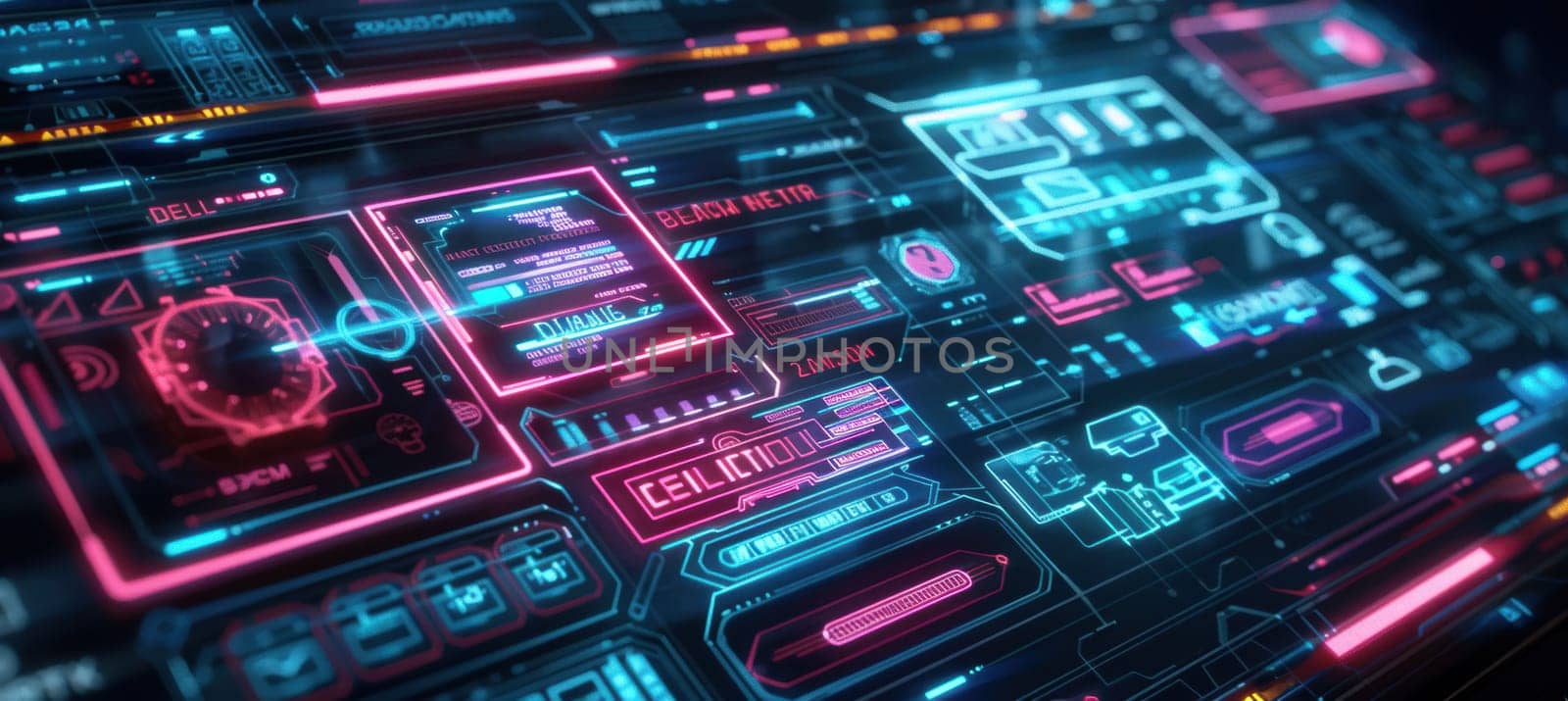 Futuristic online shopping interface on a sleek laptop featuring interactive product displays. the screen is adorned with glowing neon icons, flashing sale notifications, and vibrant black friday deals, creating a modern and dynamic shopping experience.