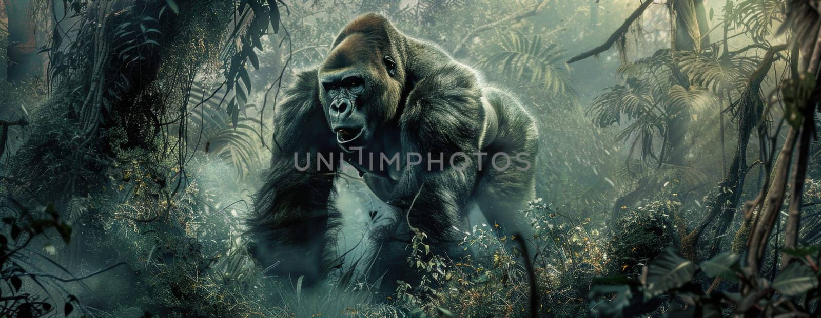 A majestic silverback gorilla strides purposefully through a dense, mist-covered jungle, surrounded by hanging vines and thick undergrowth. the scene exudes a raw, untamed atmosphere, the gorilla's imposing presence in its natural habitat.