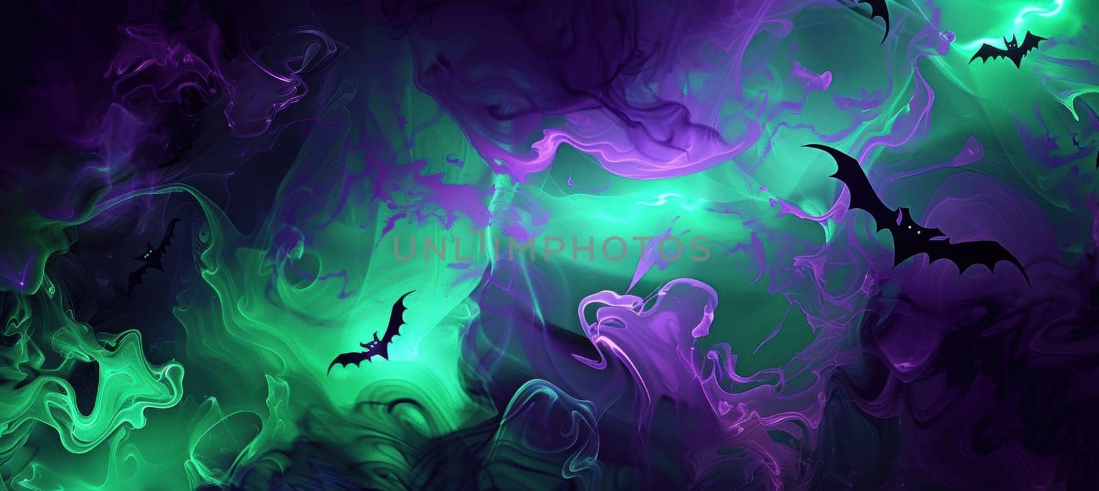 Surreal and eerie halloween-themed artwork showcasing a glowing purple and green mist swirling around jagged black shapes. faint ghostly figures and bats are subtly integrated into the design, creating a hauntingly mysterious atmosphere.