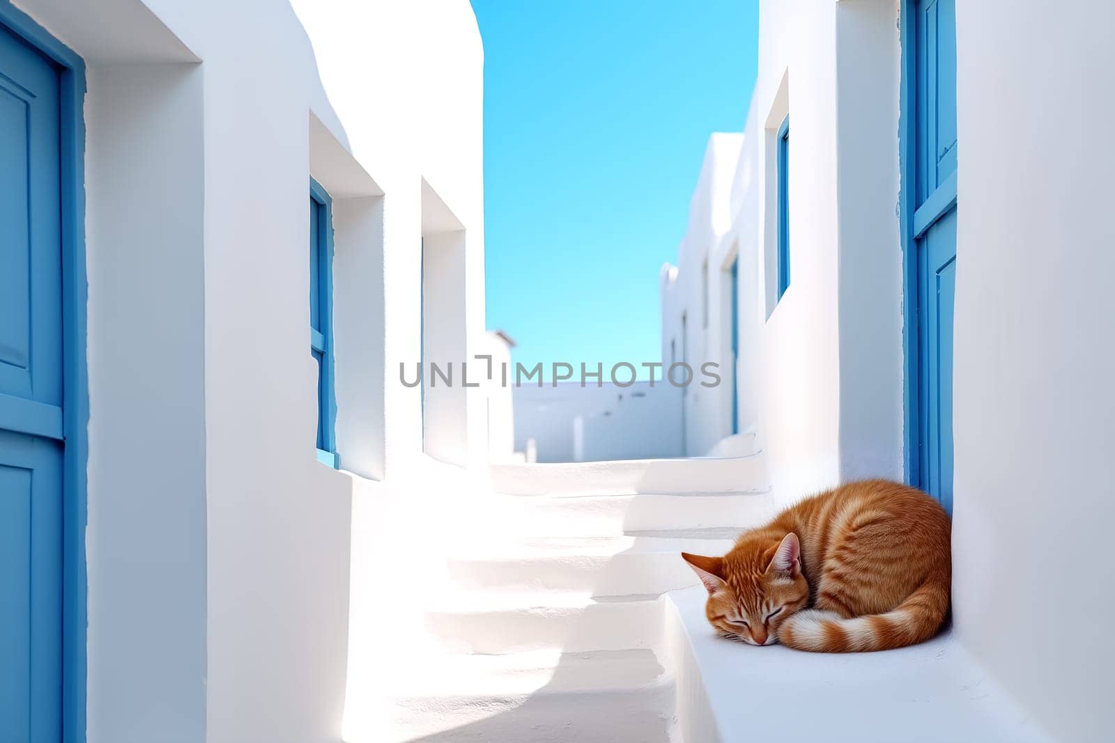 The ginger cat sleeps peacefully on a ledge in a charming, sunlit alleyway surrounded by white buildings and blue doors - Greek village - Generative AI
