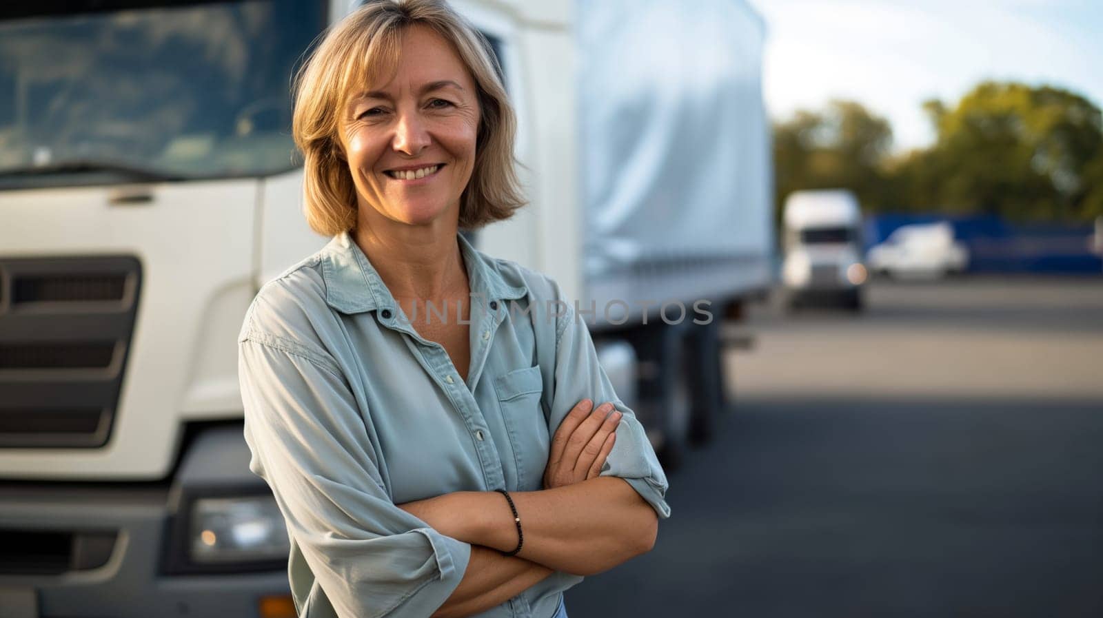 Middleaged italian woman with blonde hair standing confidently with crossed arms in a transportation yard. she appears relaxed and professional, wearing a light blue blouse. trucks are visible in the background, emphasizing the transport and logistics setting.