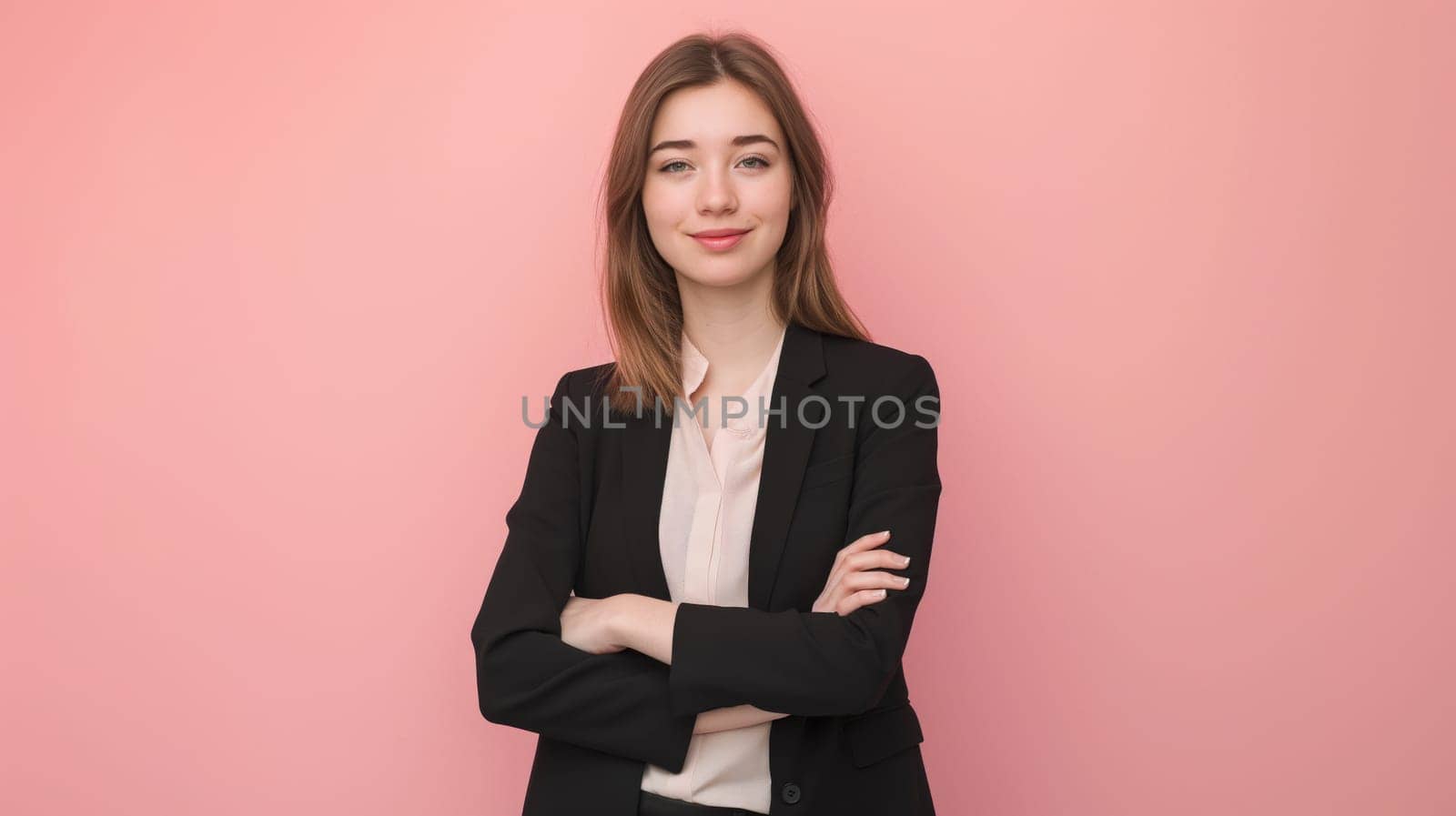 Young western european businesswoman standing with crossed arms against a pink background. dressed in formal business attire with a confident expression, making it ideal for professional use such as portraits, corporate designs, and business cards.
