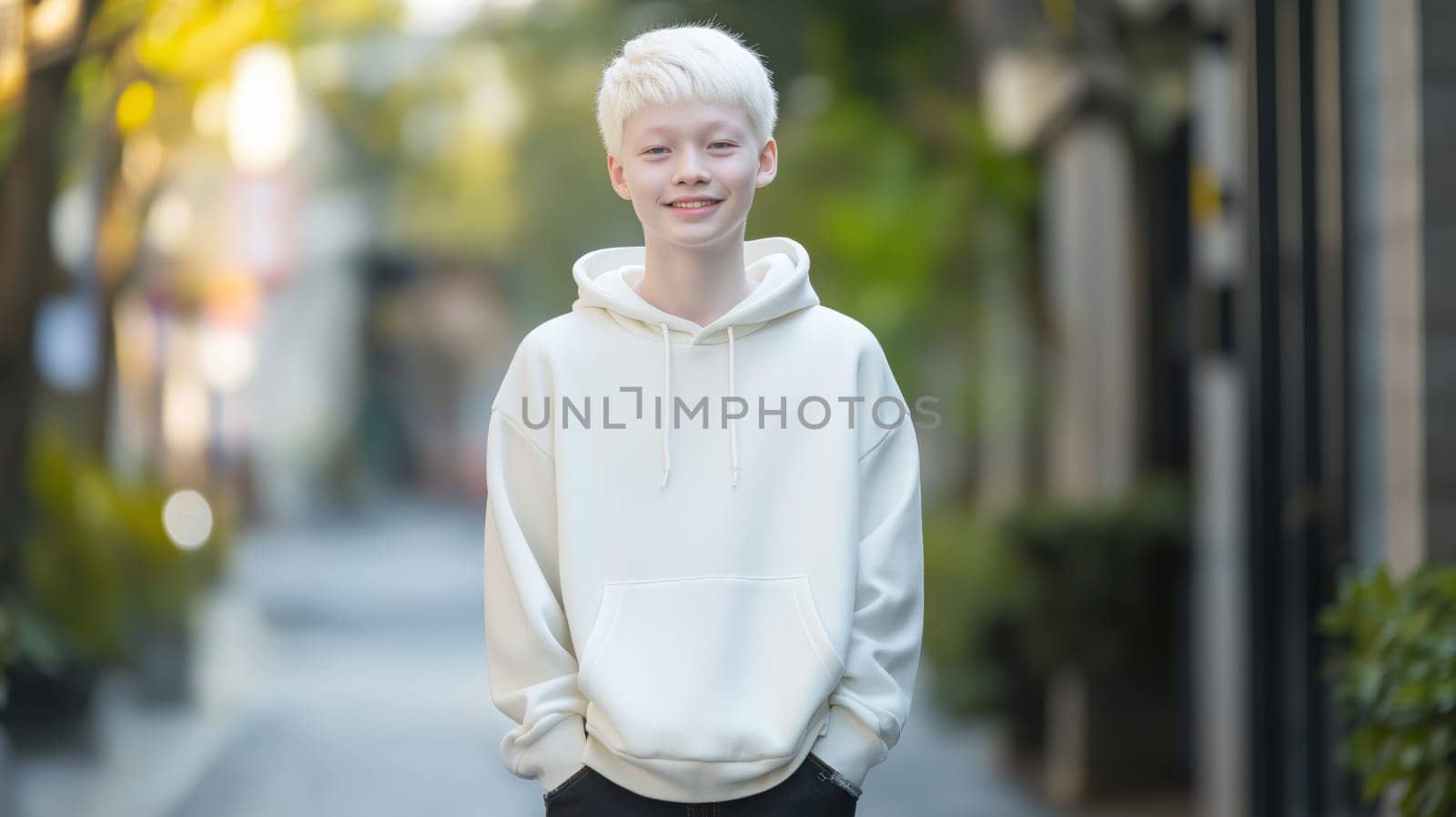 Teenage boy with albinism dressed in a casual white hoodie, smiling confidently while standing outdoors. the background features a blurred street view with lush greenery, adding a natural and relaxed atmosphere to the scene.