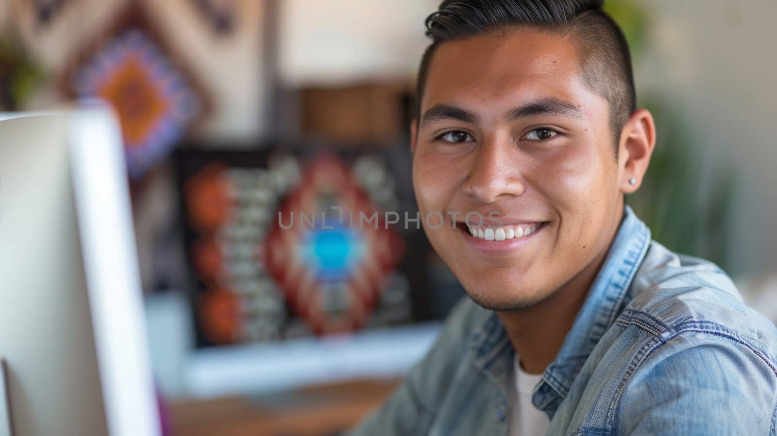 Native american man smiling at a computer desk with an ethnic design in the background. the image highlights diversity in professional work environments, showcasing a positive representation of cultural heritage and modern technology integration.
