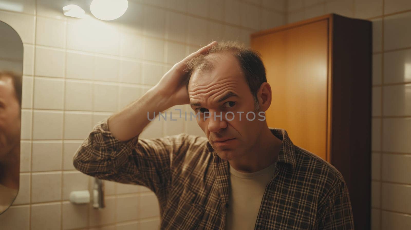 Middle aged polish man examines his thinning hair while standing in front of a bathroom mirror. wearing a plaid shirt and beige undergarment, he appears concerned about his hair loss in the brightly lit bathroom.