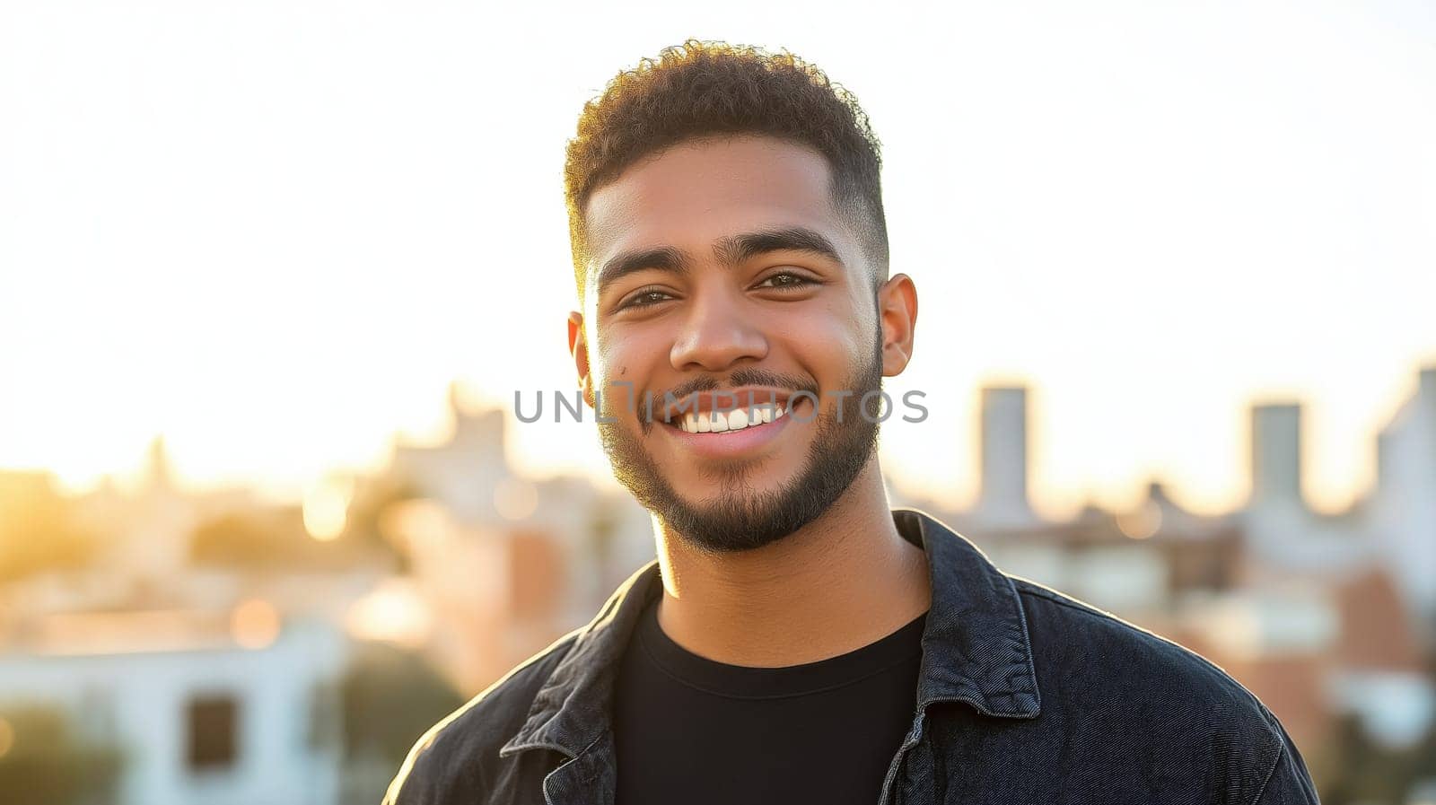 Young latino man with a welltrimmed beard and short curly hair, smiling warmly while standing against a vibrant sunset in an urban backdrop. perfect for diversity marketing, positive content, and ads promoting inclusivity and modern city living.