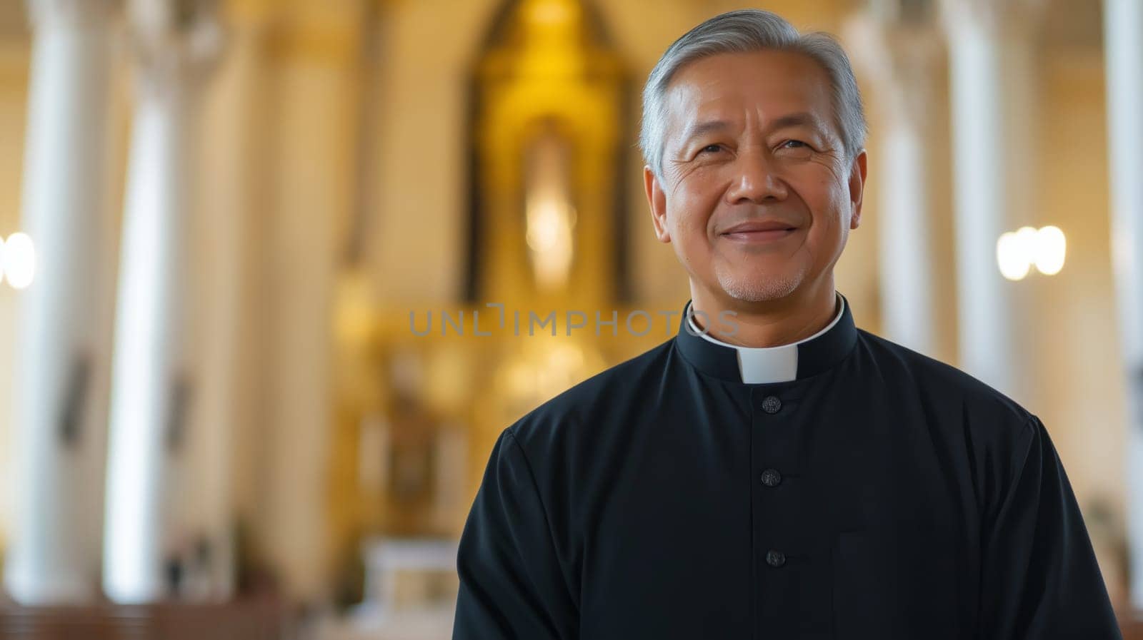 Middleaged filipino male catholic priest stands confidently in a church interior. the priest, dressed in traditional black clerical attire with a white collar, exudes a calm and serene presence. the church background showcases ornate details and religious symbols, adding context to the religious setting.
